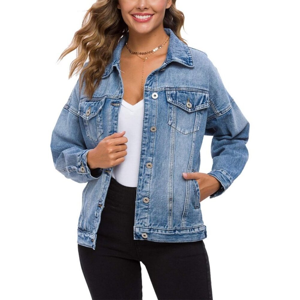 Women's Oversize Vintage Denim Jacket Long Sleeve Loose Jean Trucker Light Blue